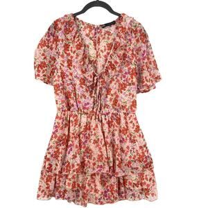 Zara Romper Women's Medium Pink Red Floral Flutter Ruffle V-Neck Short Sleeve